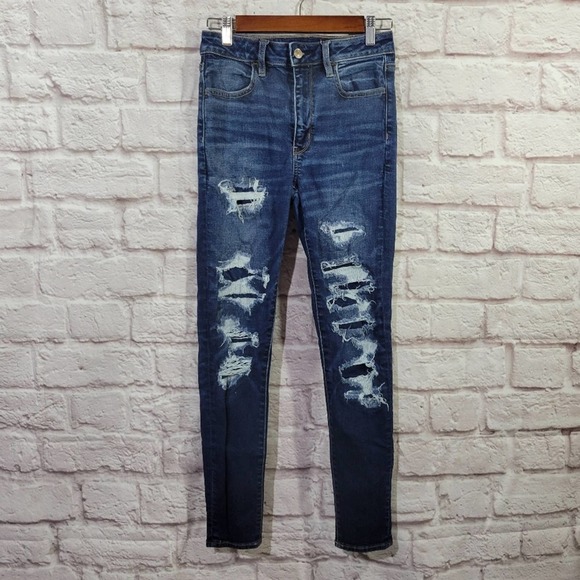 American Eagle Outfitters Denim - American Eagle Super Stretch Dark Wash High Rise Distressed Skinny Jeans